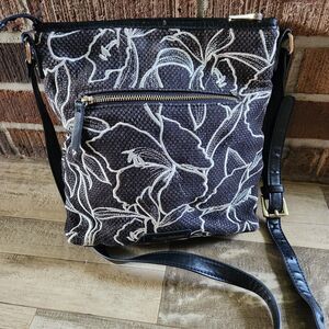 TOMMY BAHAMA Cotton Linen Blend Black Floral Embroidered Crossbody Lined Purse